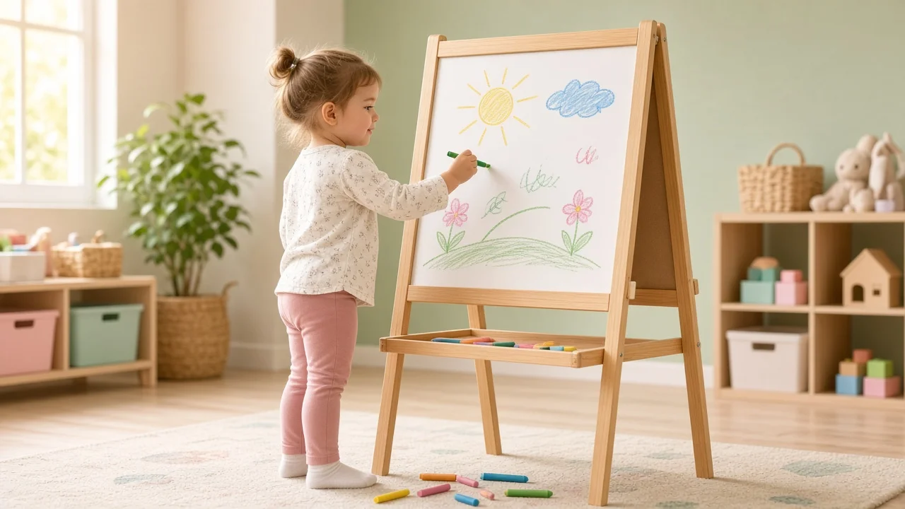 Child creating art on a COVSE drawing board in a bright playroom